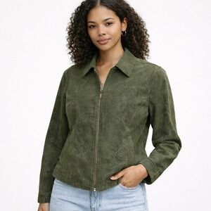 Croft & Barrow Olive Green Embroidered Faux Suede Zip Jacket Petite Large